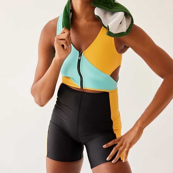 Outdoor Voices Tops - Outdoor Voices SplashKnit 6" Colorblock Bodysuit Black Teal Yellow Size XS NWT